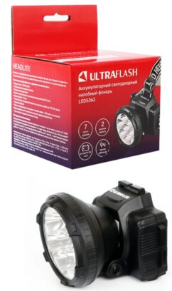 Ultraflash LED5362 (фонарь налобн. аккум. 220В, черный, 7LED, 2 реж, пласт, бокс)