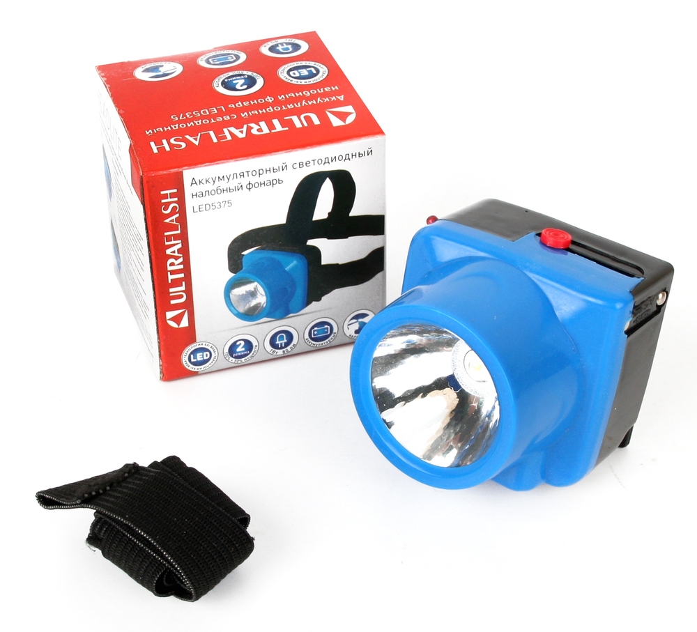 Ultraflash LED5375 (фонарь налобн. аккум. 220В, голубой, 1 Ватт LED, 2 реж, пласт, бокс)