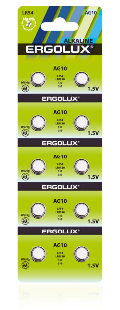 Ergolux AG10 BL-10 (AG10-BP10, LR54, LR1130 батарейка для часов)