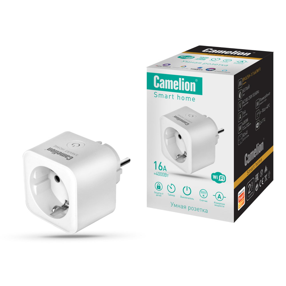 Умная розетка Camelion Smart Home BNS/SH-1/16A/WIFI, 4000Вт, счётчик эл. энергии