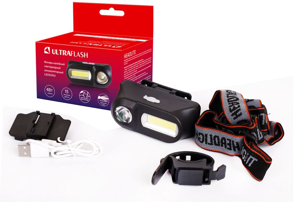 Ultraflash LED53763 (фонарь налоб.аккум 3,7В, черный, XPE + COB LED, 3+3 Ватт, 15 реж.,крепл., бокс)