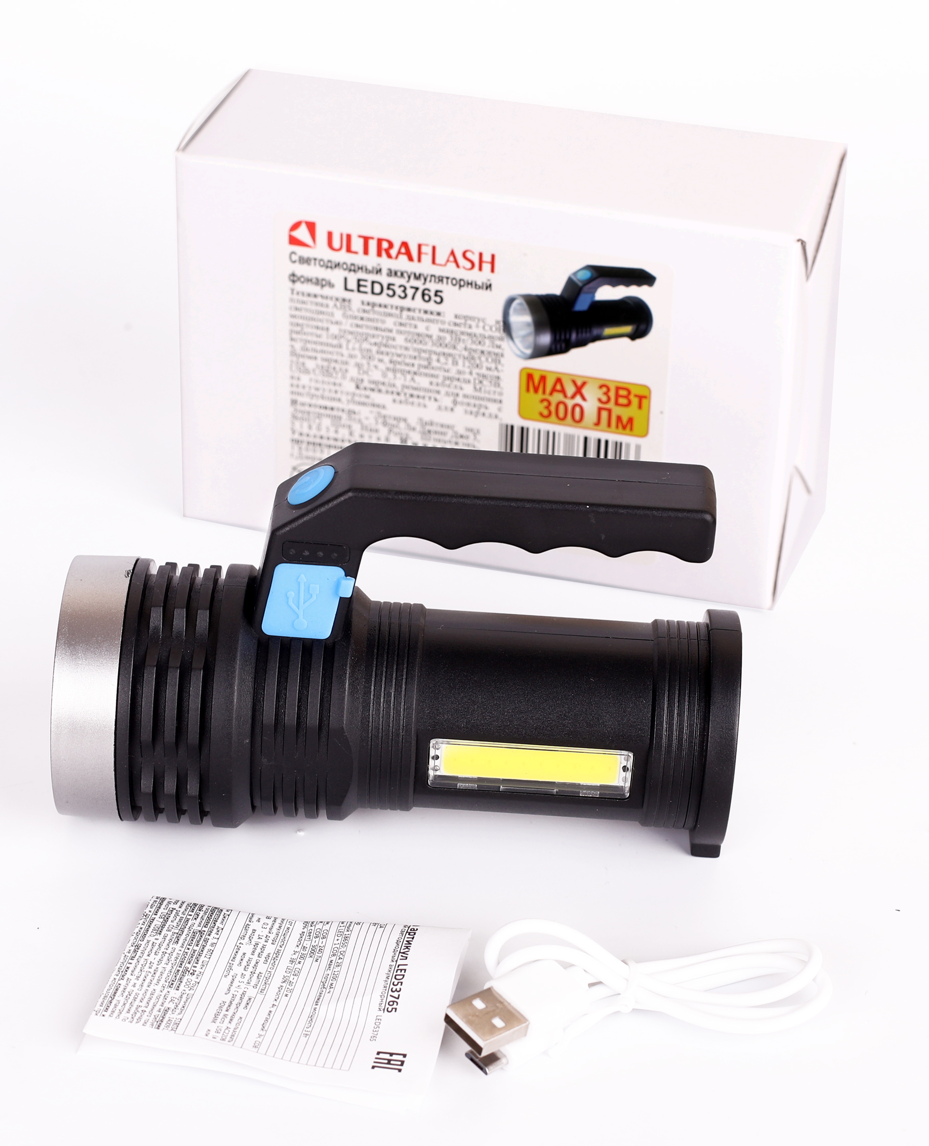Ultraflash LED53765 (фонарь аккум. 4В, черный, 2LED, 3 Вт, 4 реж, Micro-USB, бокс)