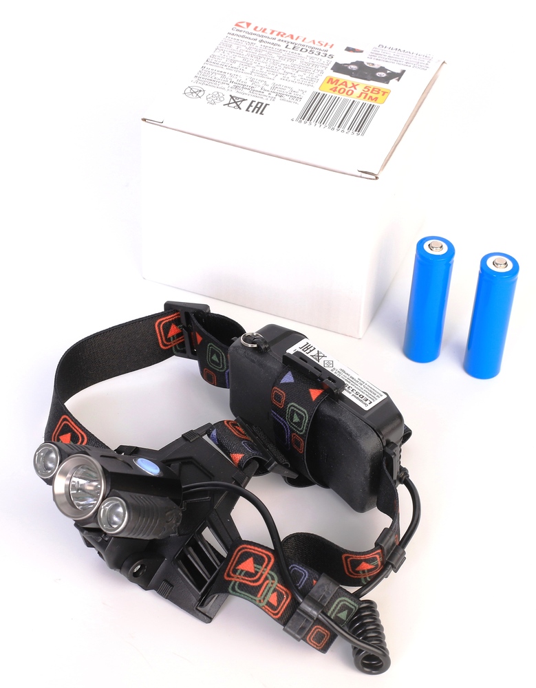 Ultraflash LED5335 (фонарь налоб акк 3,7В, черн., 3LED, 5 Вт, 2 ак. 4 реж, USB, бокс са)