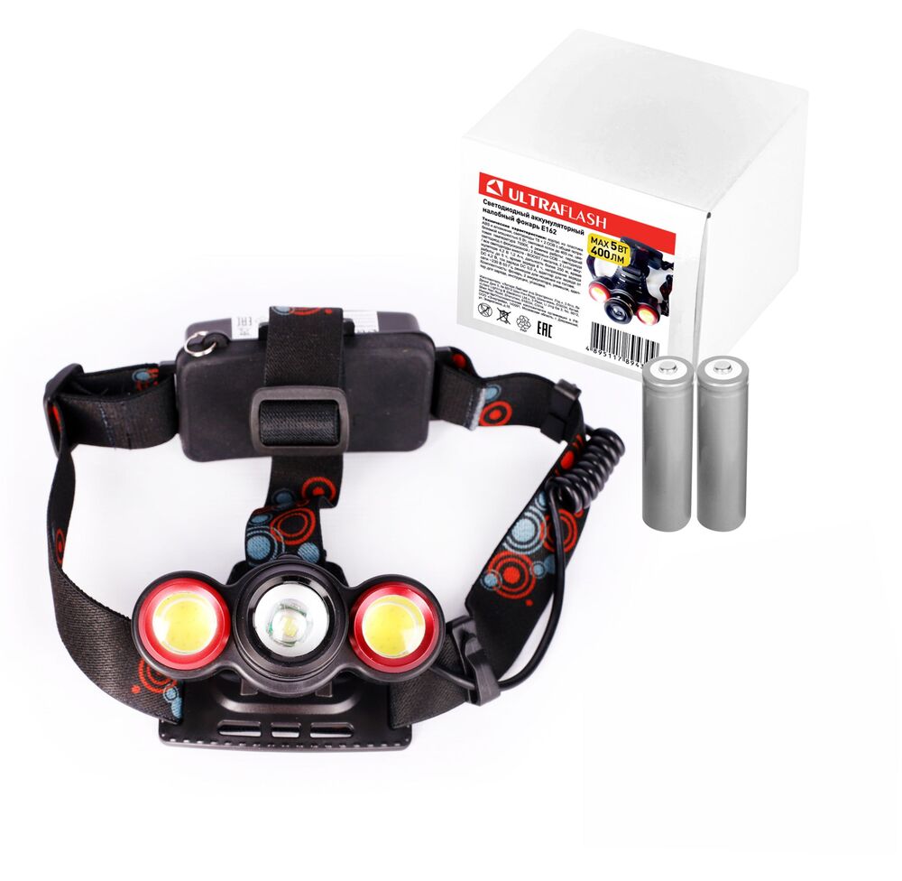 Ultraflash LED5338 (фонарь налоб акк 3,7В, черн., 3LED, 5 Вт, фокус, 2 ак. 4 реж, USB, бокс са)