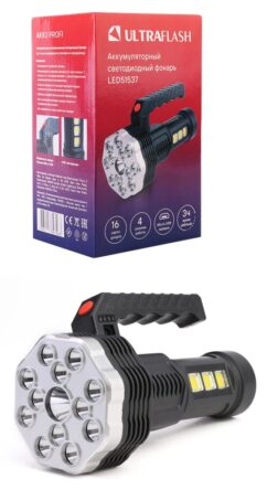 Ultraflash LED51537 (фонарь аккум. 4В, черный, 16LED, 3 Вт, 4 реж, Micro-USB, бокс)