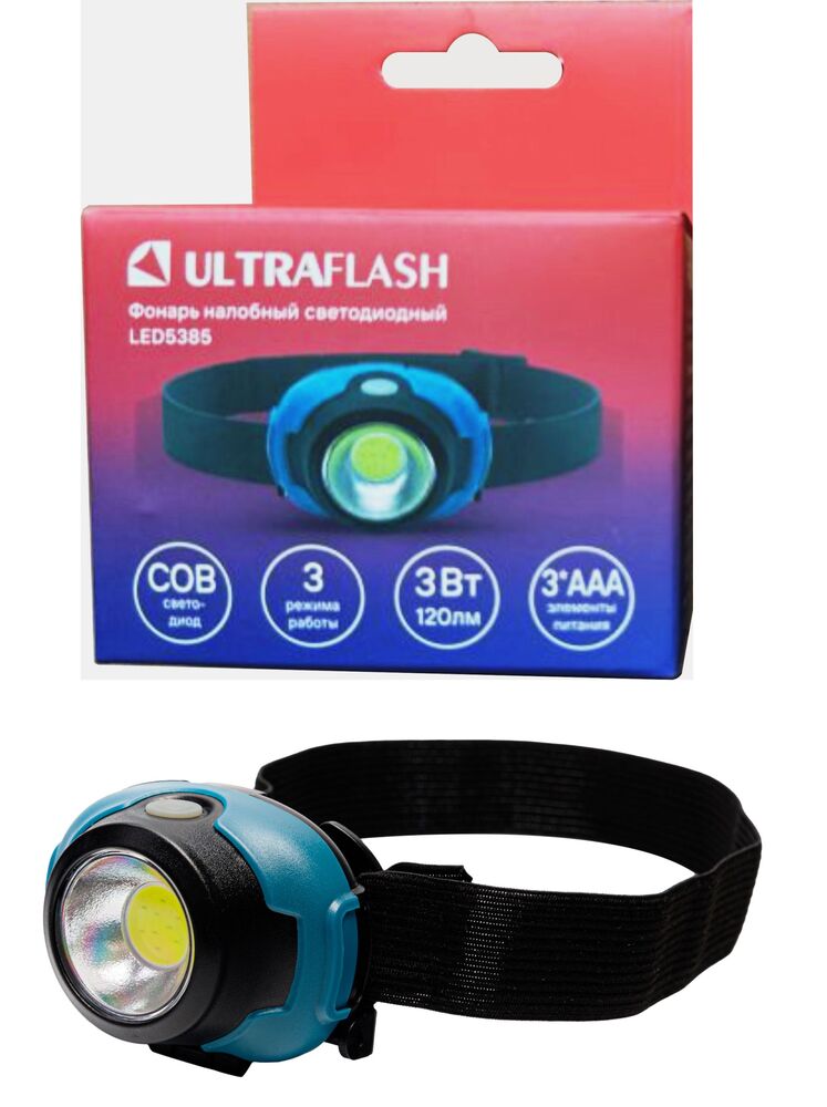 Ultraflash LED5385 (фонарь налобн, маренго, 3Вт COB LED, 3 реж, 3XAAA, пласт, бокс)