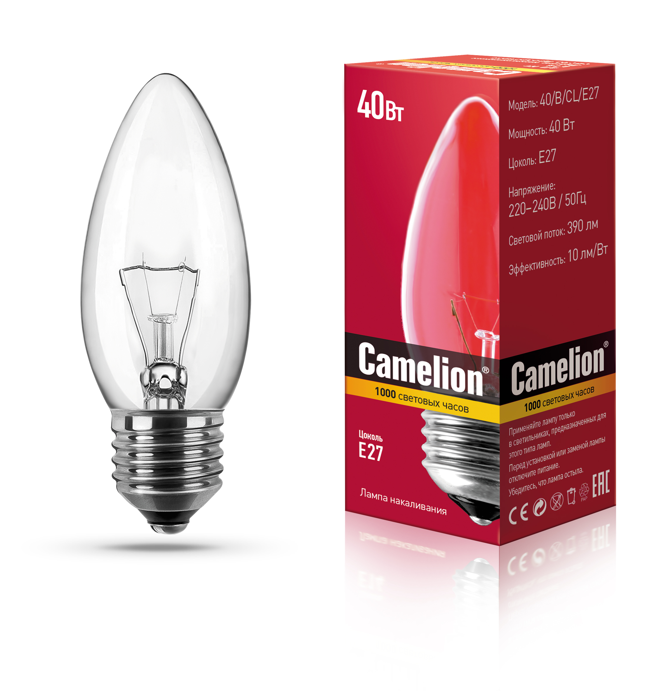 MIC Camelion 40/B/CL/E27 (Эл.лампа накал.с прозрачной колбой, свеча)