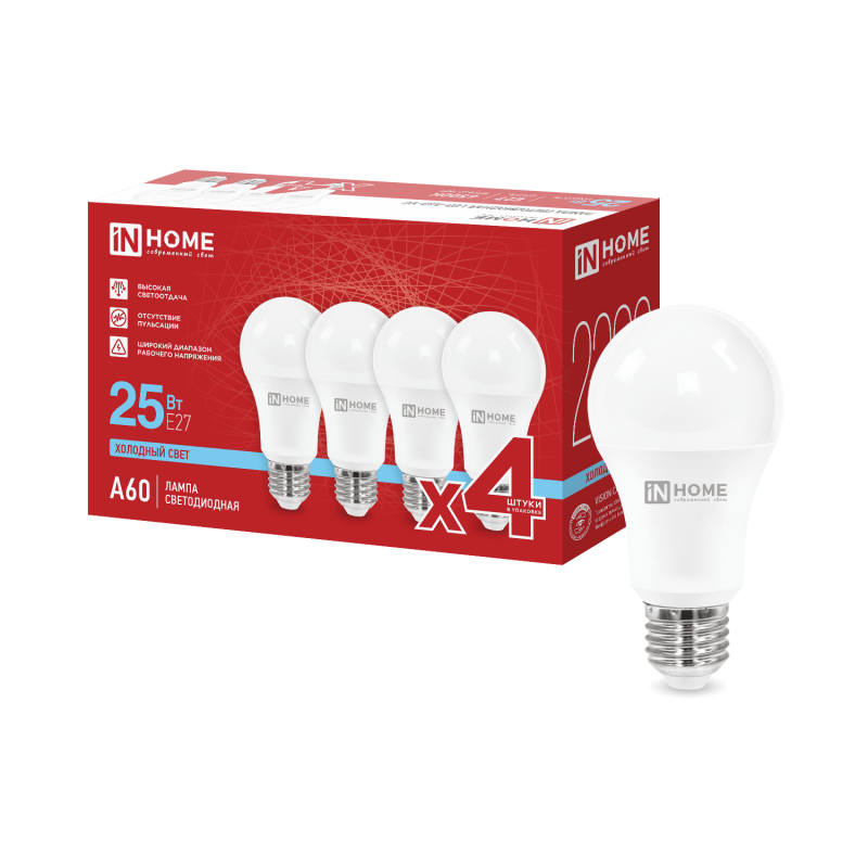 Лампа светодиодная LED-A60-VC 4PACK 25Вт 230В Е27 6500К 2380Лм (4шт./упак) IN HOME