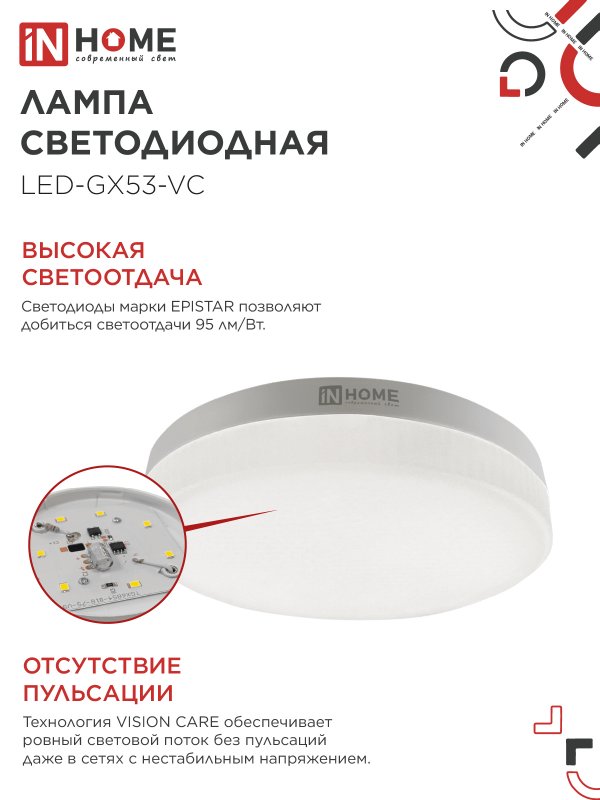 Лампа светодиодная LED-GX53-VC 4PACK 10Вт 230В 4000К 950Лм (4шт./упак.) IN HOME — изображение 5