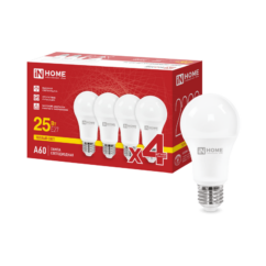 Лампа светодиодная LED-A60-VC 4PACK 25Вт 230В Е27 3000К 2380Лм (4шт./упак) IN HOME