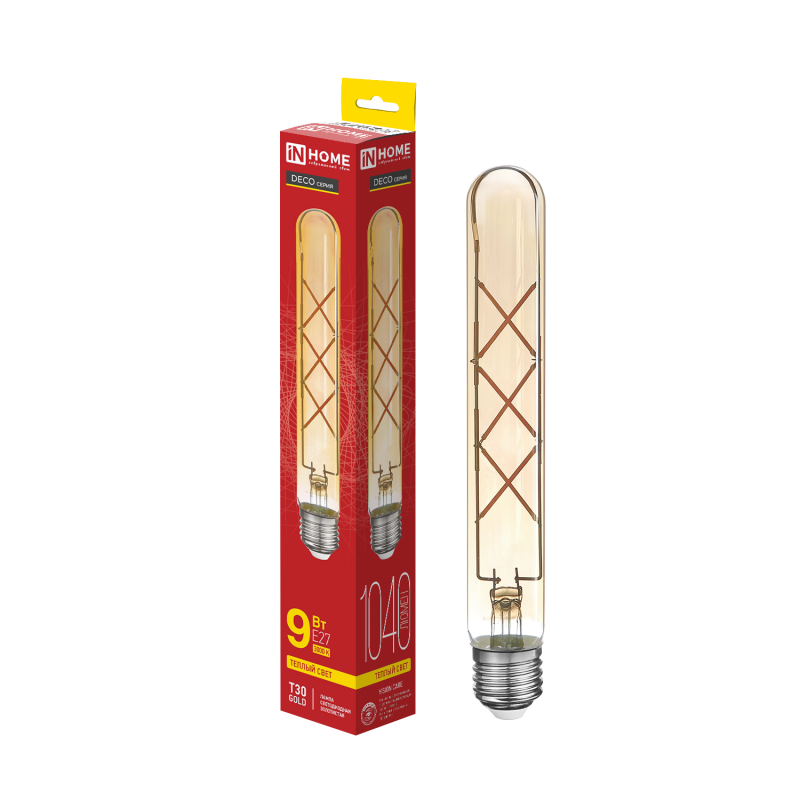 Лампа светодиодная LED-T30-deco gold 9Вт 230В Е27 3000К 1040Лм 225мм золотистая IN HOME — изображение 2