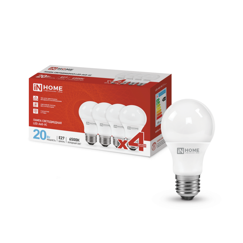 Лампа светодиодная LED-A60-VC 4PACK 20Вт 230В Е27 6500К 1900Лм (4шт./упак) IN HOME — изображение 2