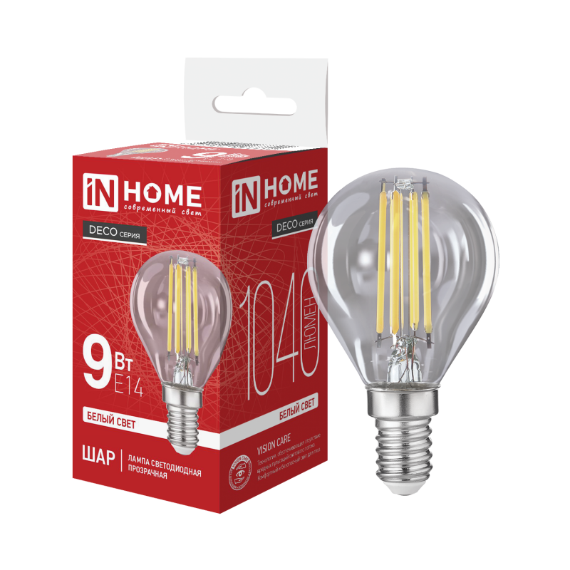 Лампа светодиодная LED-ШАР-deco 9Вт 230В Е14 4000К 1040Лм прозрачная IN HOME — изображение 2
