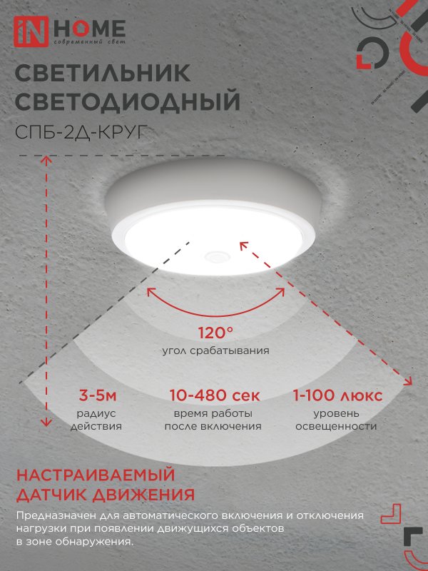 Светильник светодиодный СПБ-2Д-КРУГ 14Вт 230В 4000К 1100Лм 210мм с настраиваемым датчиком белый IN HOME — изображение 6